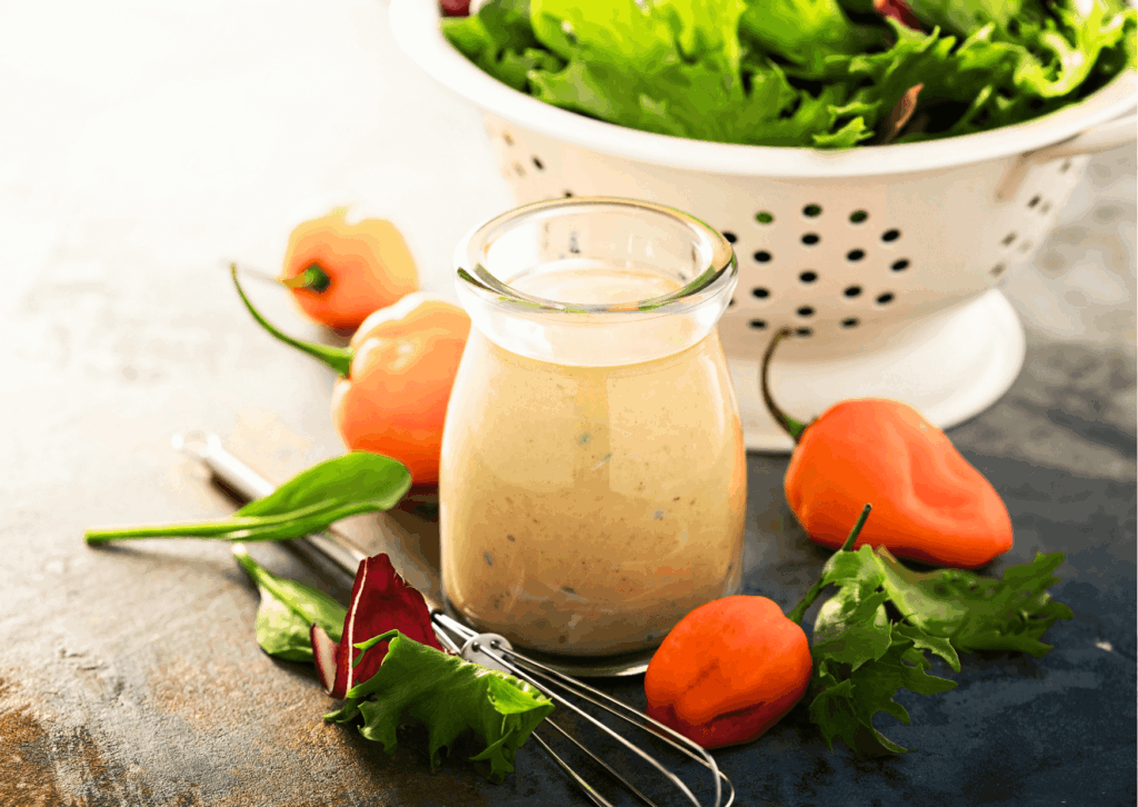 新鮮なサラダとノンオイルドレッシングの写真。ダイエット向け食事のイメージ